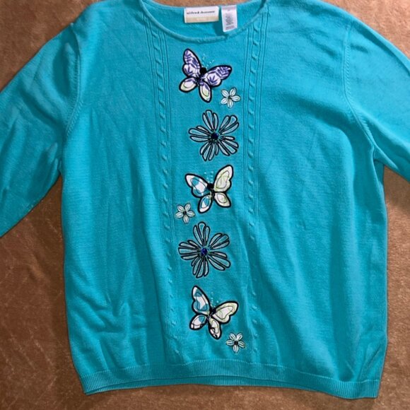 Alfred Dunner Women 2XL Teal‎ Long Sleeve Beads Embroidery Butterfly Sweater (U) - Picture 1 of 7